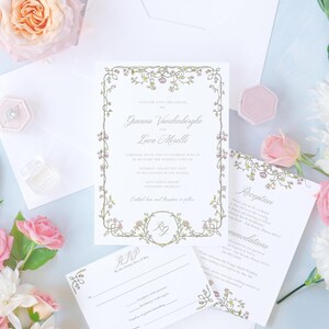 Botanical wedding invitations with floral details, soft green accents - Felicity collection flat