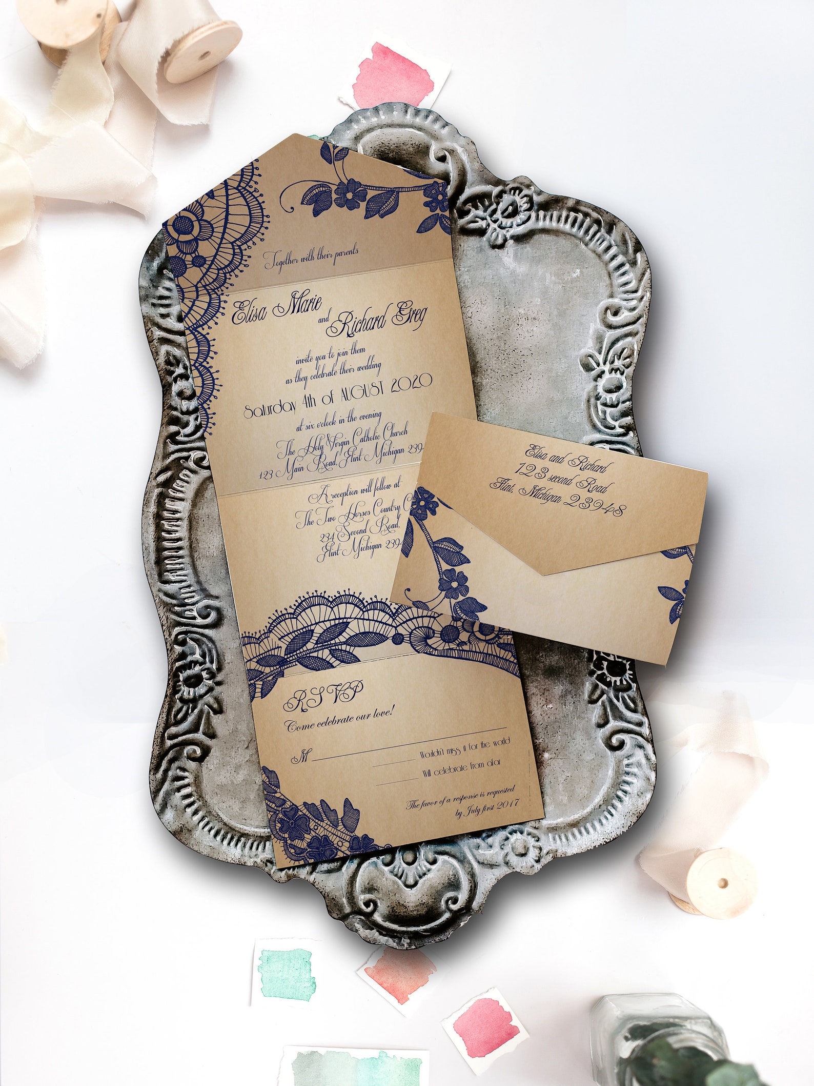 Elegant Lace Seal and Send Wedding Invitation Card Cheap Etsy