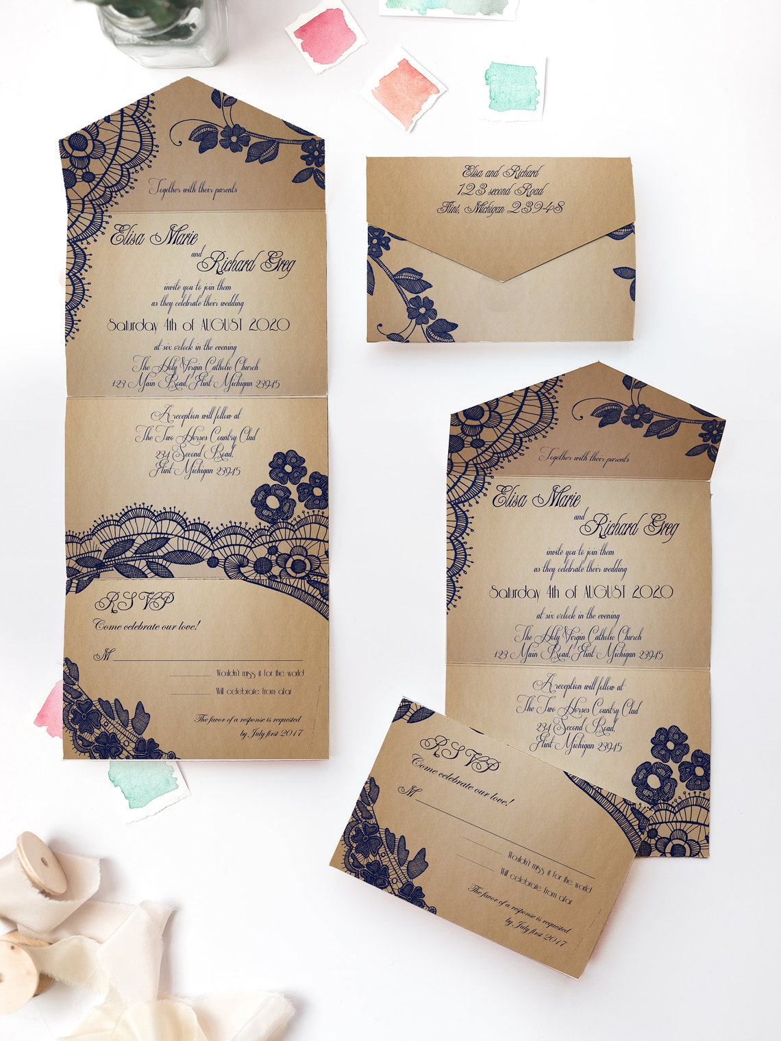 Elegant Lace Seal and Send Wedding Invitation Card Cheap Etsy