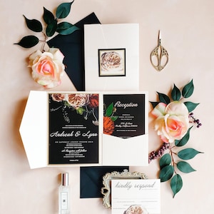 Dark Floral Wedding Invitations, Dark and Moody Wedding Invitations, Modern Floral Wedding Invitation {Hamburg design sample pack}