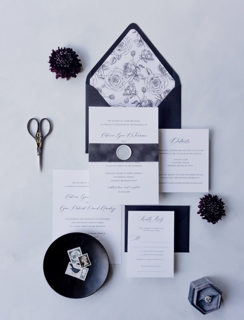 Modern black and white wedding invitation suite, classic simple wedding invite Fresno design sample pack image 6
