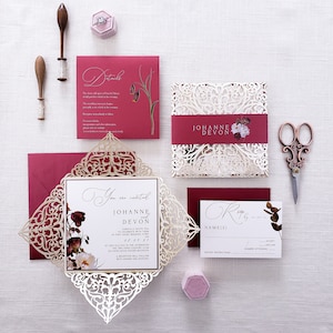 Floral Laser Cut Wedding invitation, Ornate laser cut cards for wedding, laser wedding invitation with invitation band {Bilbao design}
