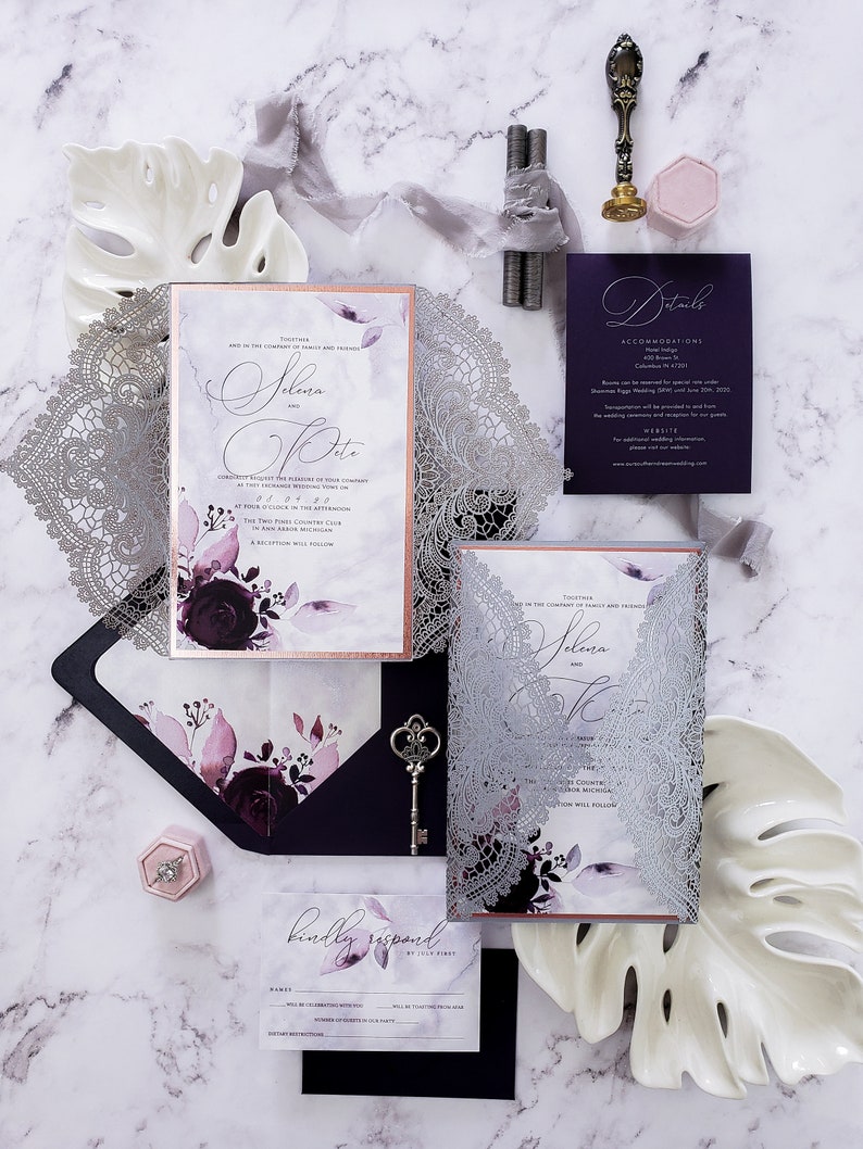 Lace Laser cut Wedding Invitation Mauve wedding invitations Etsy