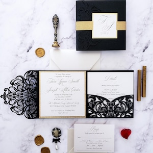 Elegant black and gold wedding invitation, laser cut pocket wedding invitation, New Years Wedding invitations {Selfless design sample pack}