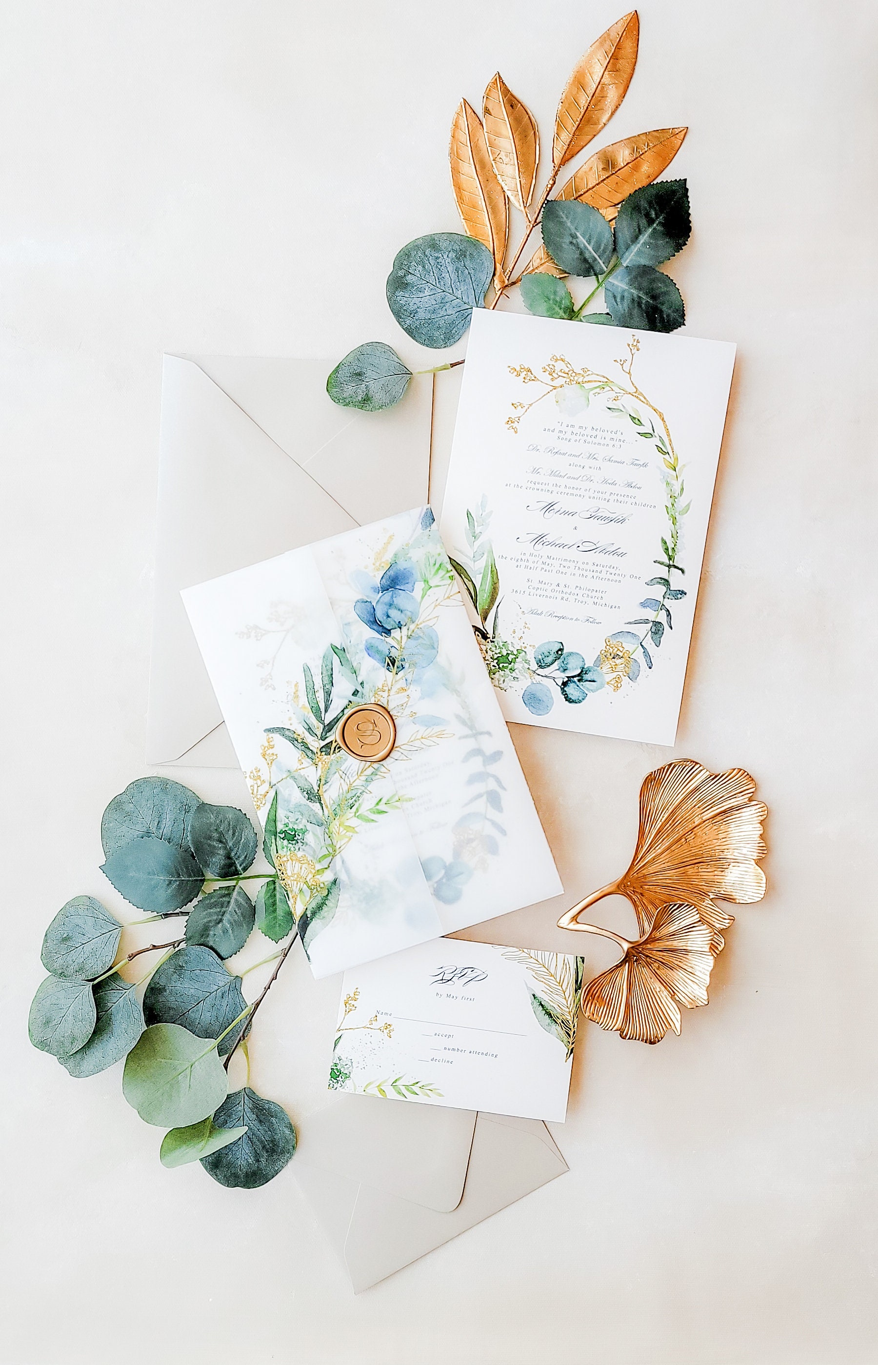 Boho Wedding Invitations Vellum Wedding Invitations Elegant Wedding Invitation Greenery Wedding Invitation Marana design