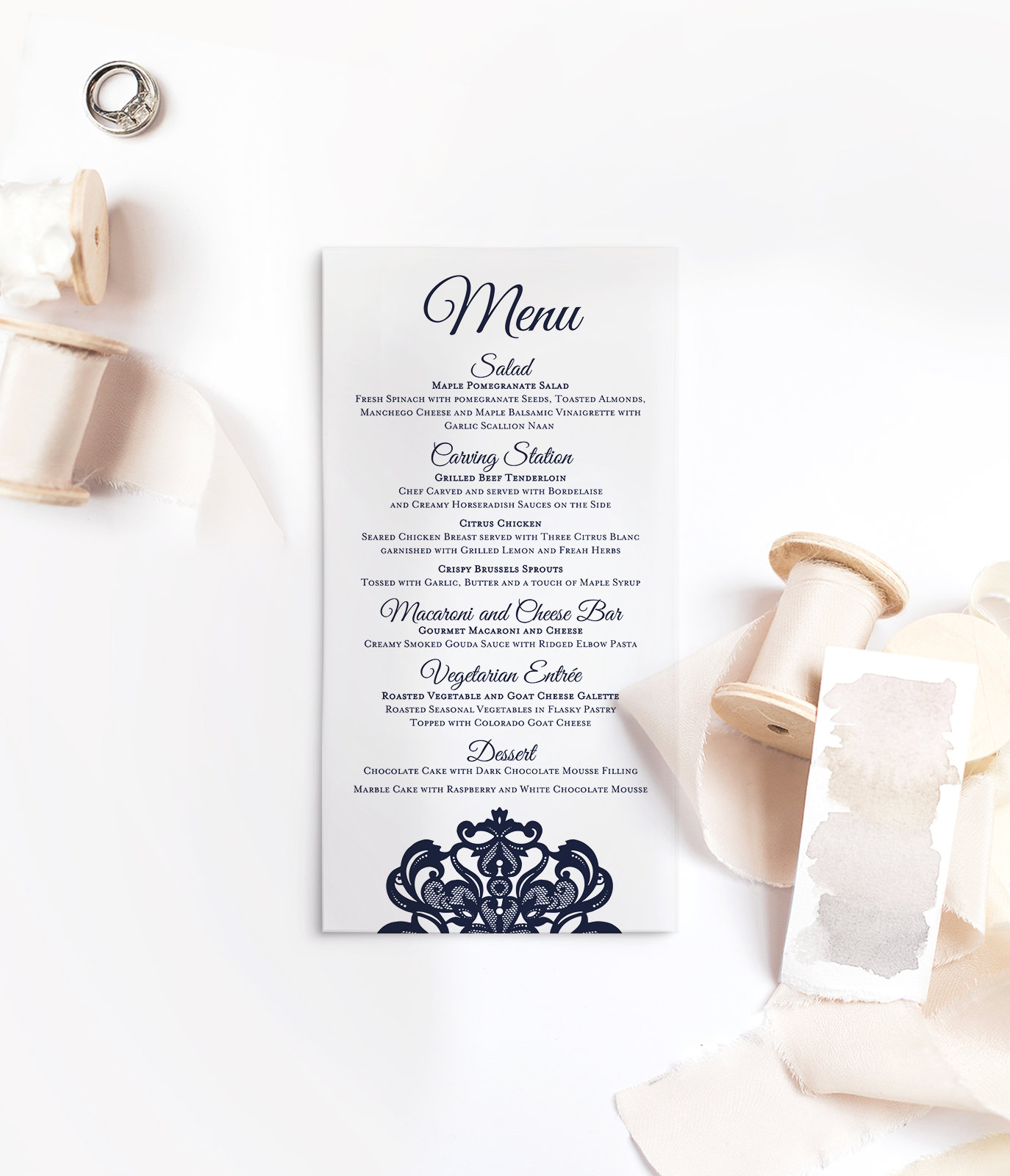wedding menu plate card {Broadway blue design} menu card for wedding Vellum Menu card