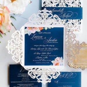 Elegant Wedding Invitation, Floral Wedding Invitations, Navy blue laser cut, Invitation suite sample elegant {Thistle design sample pack}