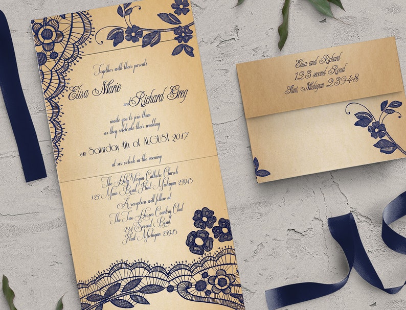 Elegant Lace Seal And Send Wedding Invitation Card Cheap Etsy