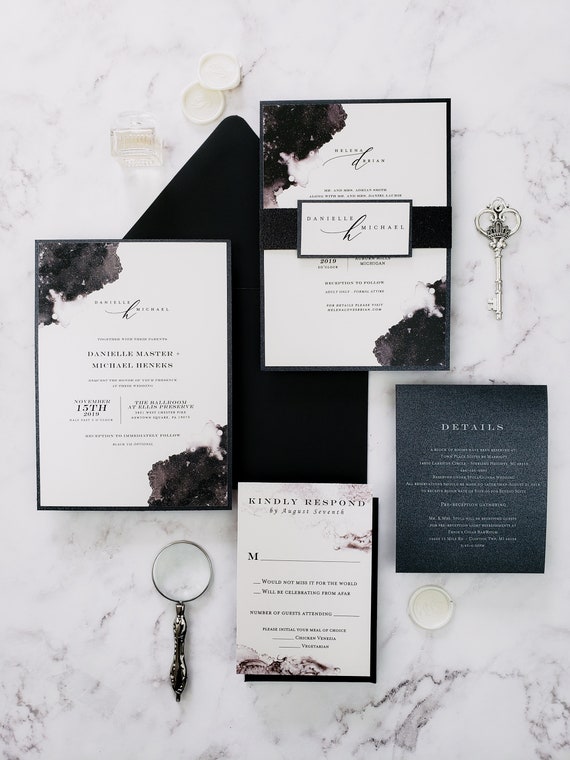 Modern Black And White Wedding Invitations Watercolor Modern Etsy