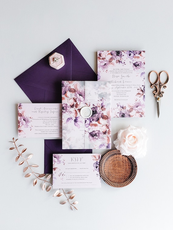Lavender Wedding Invitations, Floral Wedding Invitation, Vellum