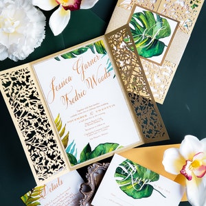 Tropical wedding invitations, Palm wedding invitation, Gold and green wedding, Laser cut tropical invitation Passionate design sample pack image 6