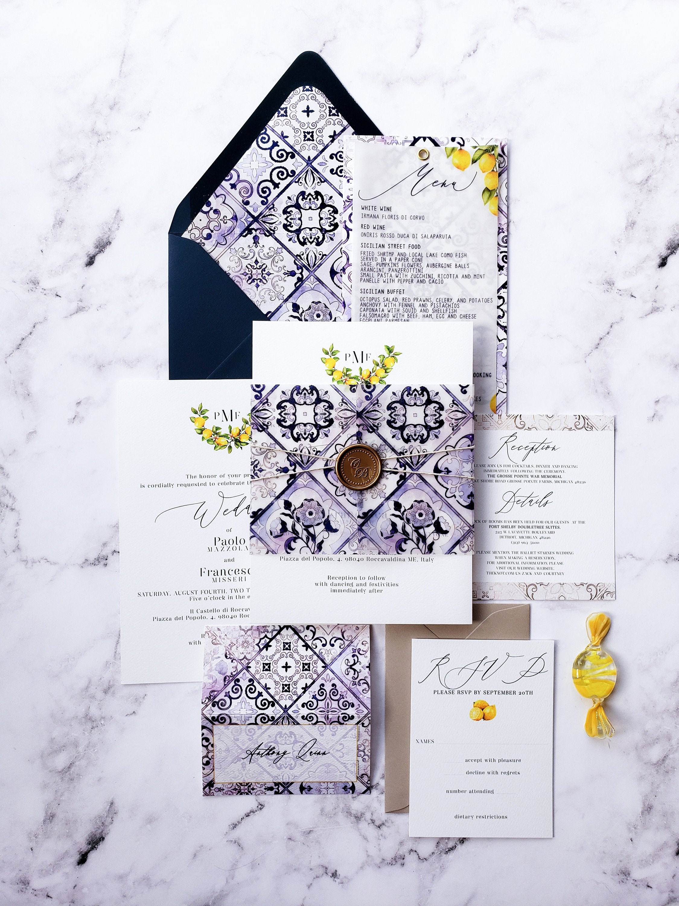 Italian Wedding Invitation with Lemons and Ceramic tiles | Etsy