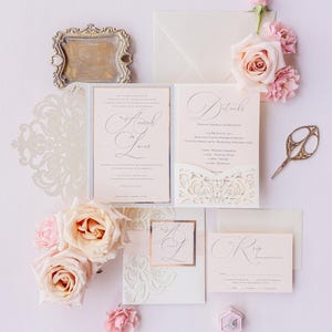 Pocketfold Wedding Invitation, Laser Cut Wedding Invitation Pocket, Elegant Wedding Invitation, Minimalist Wedding Invitation {Cannes}