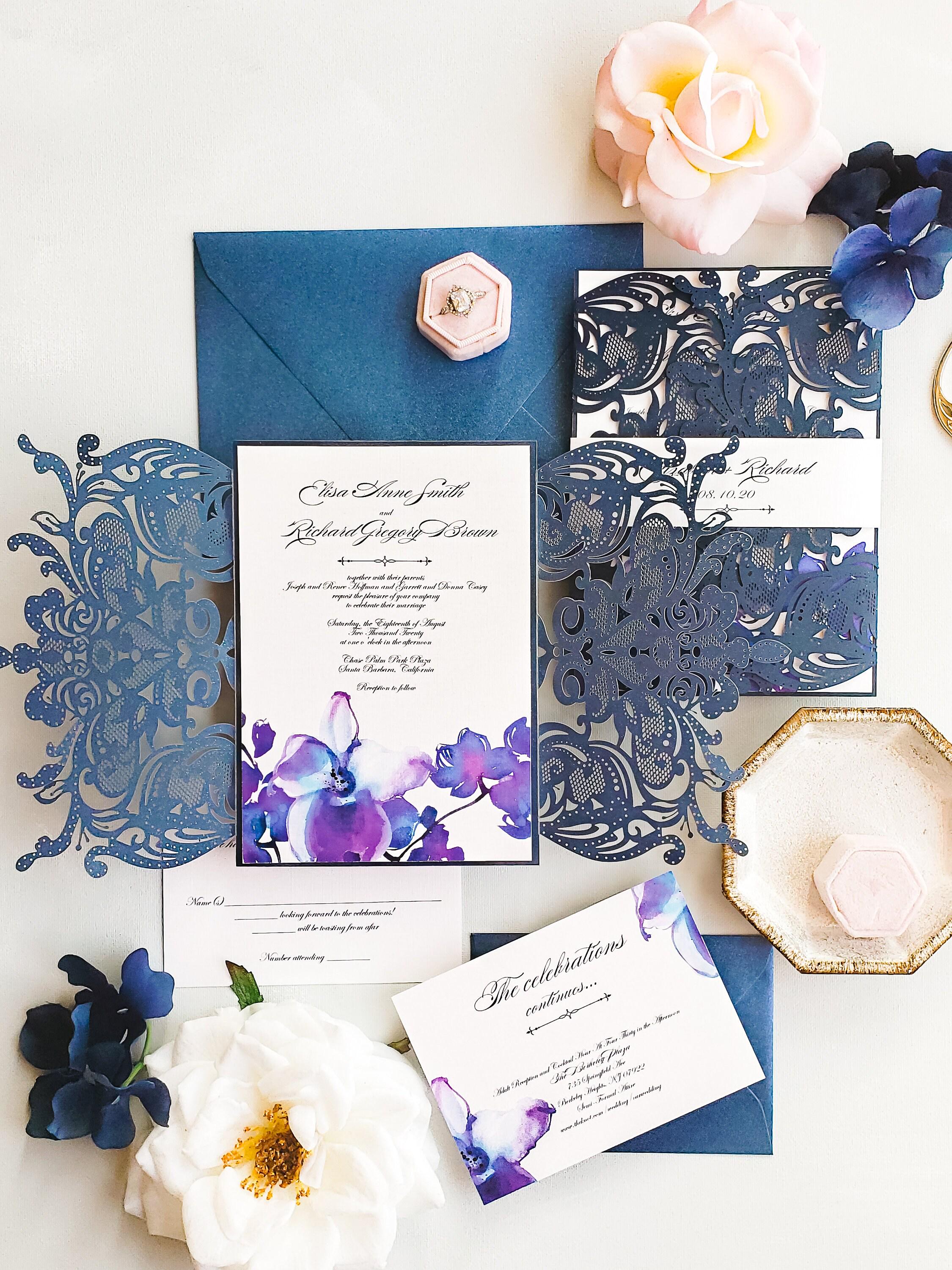 Orchid Wedding Invitation, Blue Laser cut Wedding Invitations, Blue and purple floral Wedding Invitation {Santa Monica design sample pack}