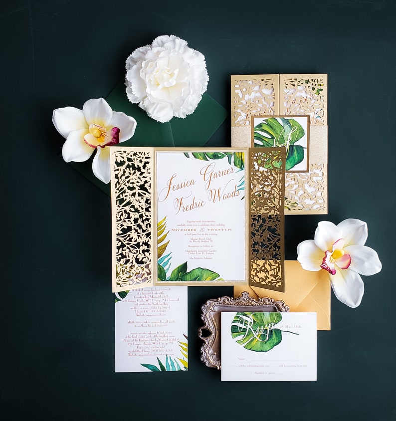 Tropical wedding invitations, Palm wedding invitation, Gold and green wedding, Laser cut tropical invitation Passionate design sample pack image 7