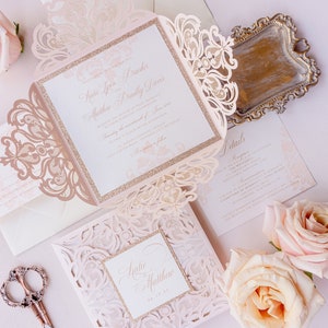 blush laser cut wedding invitation suite