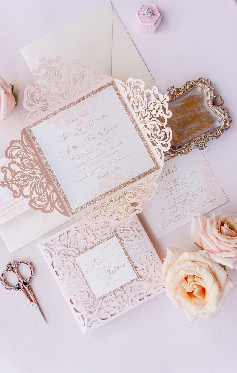 blush laser cut wedding invitation suite