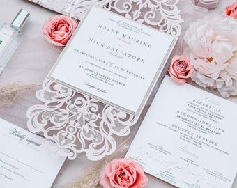 Elegant blush laser cut wedding invitations, Blush laser cut invitation, Handmade invitation suite with monogram {Ely design sample pack}