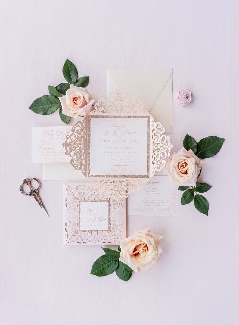 Elegant Invitation wedding invitation, blush laser cut wedding invitation suite