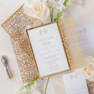 Elegant Wedding Invitation, Wedding Invitation Set Gold Foil, Laser Cut Wedding Invitation, Black Gold Wedding Invitations {Copenhagen}