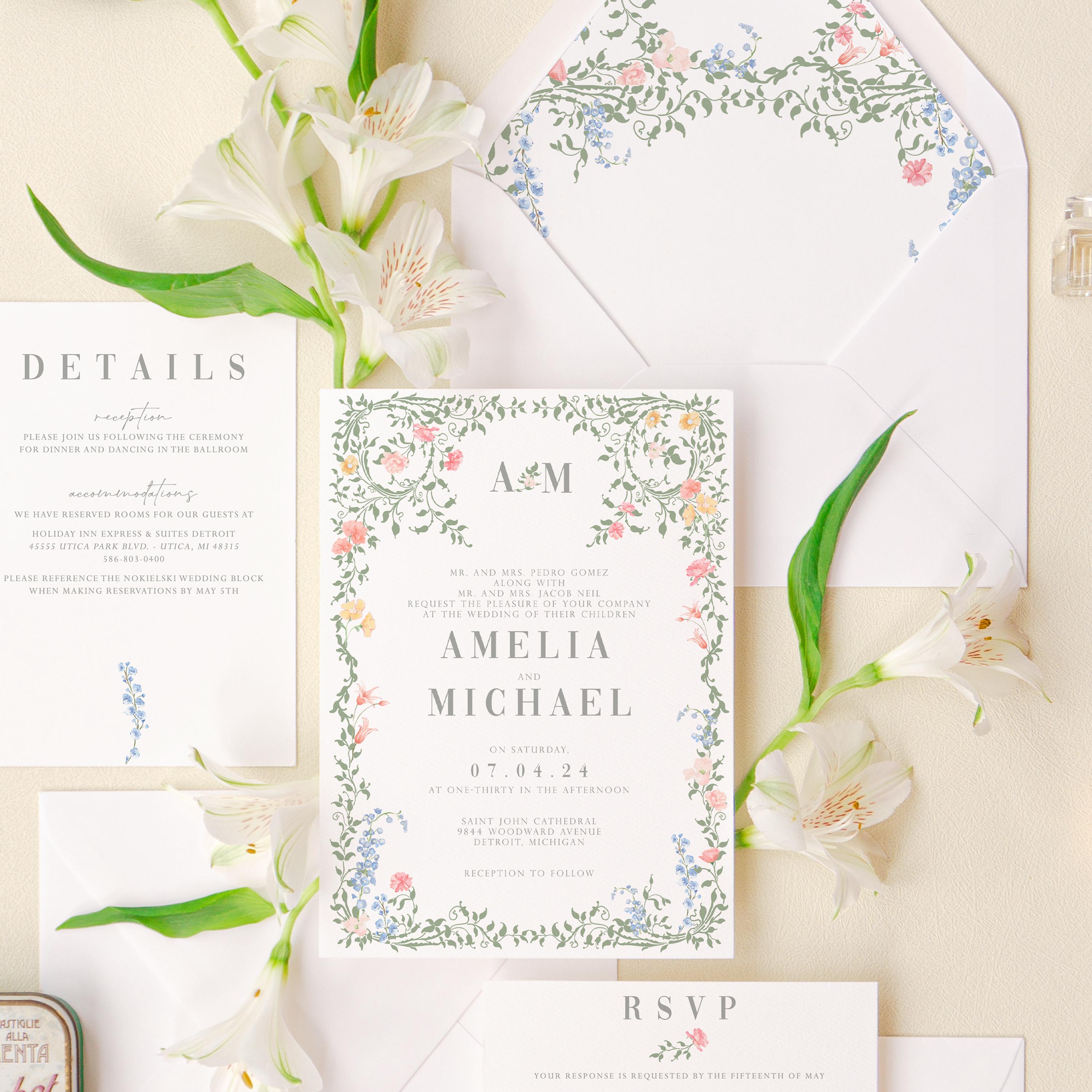 Elegant floral wedding invitations with sage green envelopes – garden wedding invite set (Camille design flat)