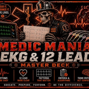 Könnte beinhalten: Ein rechteckiger Grafikdruck mit dem Titel MEDIC MANIA EKG & 12 LEAD MASTER DECK, der ein Skelett mit Feuerwehrhelm zeigt, das einen EKG-Streifen hält. Enthält medizinische Symbole, Herzrhythmuslinien und den Text: READ IT. RECOGNIZE IT. SAVE LIVES. EDUCATE. PREPARE. PERFORM. BE THE DIFFERENCE.