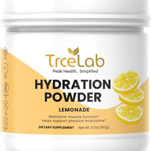 May include: A white plastic jar of TrceLab Hydration Powder in Lemonade flavor. The label features the brand name, text reading "HYDRATION POWDER," "LEMONADE," "Maintains muscle function," "Helps support physical endurance," and "Net Wt. 5.7oz (162g)."