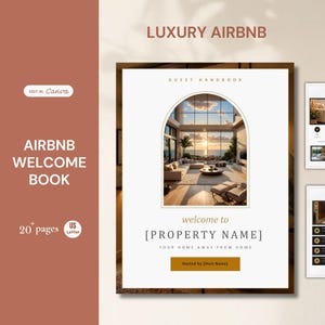 May include: A digital template for a luxury Airbnb guest handbook featuring 20 pages in US Letter size. The cover displays an arched photo of a modern living room with a sunset view, text reading LUXURY AIRBNB, GUEST HANDBOOK, welcome to [PROPERTY NAME], YOUR HOME AWAY FROM HOME, and Hosted by [Host Name].