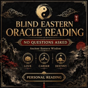 Puede incluir: Un gráfico negro y dorado con el texto BLIND EASTERN ORACLE READING, NO QUESTIONS ASKED, Ancient Eastern Wisdom, LOVE, CAREER, DESTINY y PERSONAL READING. Incluye ilustraciones de un símbolo yin-yang, loto, montaña y pagoda.