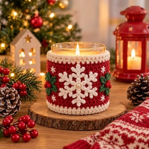 Può includere: Un portacandele in vetro avvolto in una copertura all'uncinetto rossa con un grande fiocco di neve bianco, foglie di agrifoglio verdi e bacche rosse. La copertura presenta un bordo all'uncinetto bianco e una piccola perla al centro del fiocco.
