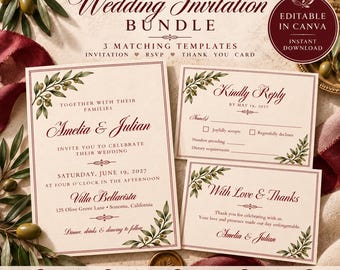 Paquete de invitaciones de boda con diseño de rama de olivo italiana, tarjeta de confirmación de asistencia y de agradecimiento en Canva, plantilla editable de 3 piezas.
