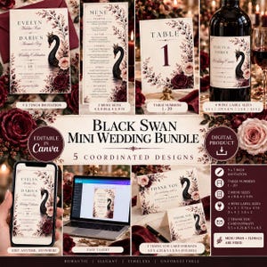 Redigerbar Canva Black Swan bröllopsinbjudan, meny, bordsnummer, tackkort; vinetikett (digital produkt), MMS001