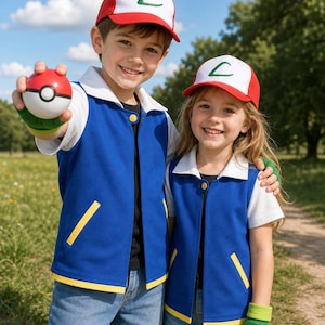 Könnte beinhalten: Eine blaue Weste mit weißem Kragen und gelbem Saum, eine weiß-rote Baseballkappe mit grünem Symbol, ein weißes T-Shirt und grüne fingerlose Handschuhe. Ein rotes, weißes und schwarzes kugelförmiges Spielzeug wird in der Hand gehalten.
