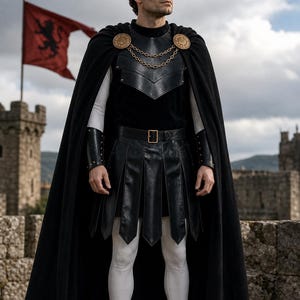 Peut inclure: Une cape noire avec des fermoirs circulaires dorés et une chaîne, portée sur un plastron noir, une ceinture noire et une jupe noire style kilt. La tenue comprend une chemise blanche à manches longues, un legging blanc, des protège-poignets noirs et des bottes noires.