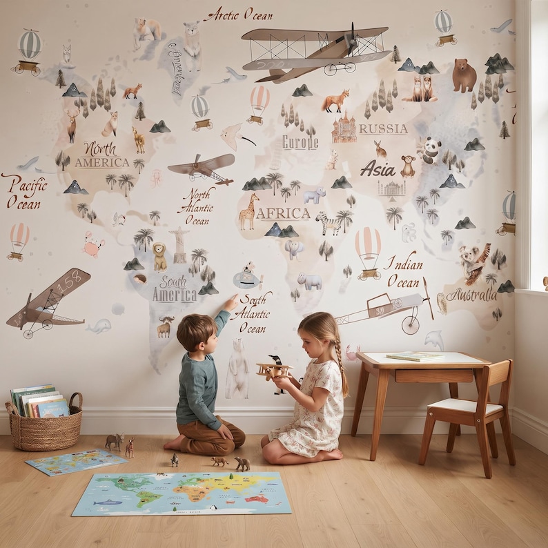 Watercolor World Map Wallpaper | Kids Peel and Stick Nursery Wall Mural ...