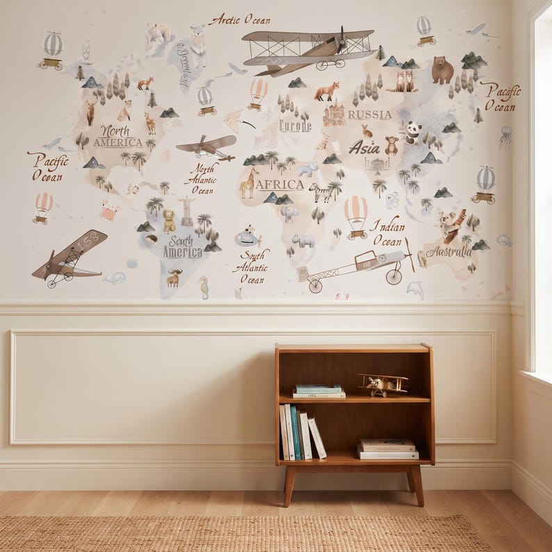 Watercolor World Map Wallpaper | Kids Peel and Stick Nursery Wall Mural ...