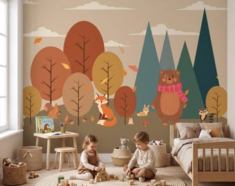 May include: A wall mural featuring a forest scene with stylized trees in shades of orange, brown, and green, alongside illustrations of a fox, a bear wearing a pink scarf, a squirrel, a rabbit, and a raccoon against a beige background.