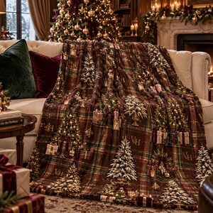 Puede incluir: Una manta de cuadros marrón con un patrón repetitivo de árboles de Navidad decorados, cajas de regalo envueltas y las letras VH. La tela muestra un diseño de tartán clásico con líneas que se cruzan en tonos rojo oscuro, verde y dorado.