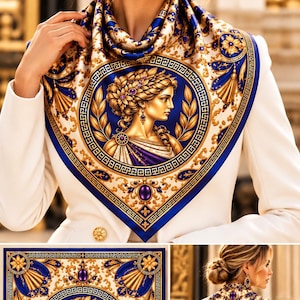 May include: A square silk scarf featuring a central circular medallion with a golden profile portrait of a person wearing a laurel wreath. The design includes deep blue and cream tones, ornate gold filigree, and purple gemstone accents.