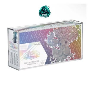 May include: A clear acrylic display case containing a Scarlet and Violet Prismatic Evolutions Super-Premium Collection box. The box features a colorful gradient background, a graphic of a creature with a crystal crown, and the text Prismatic Evolutions.
