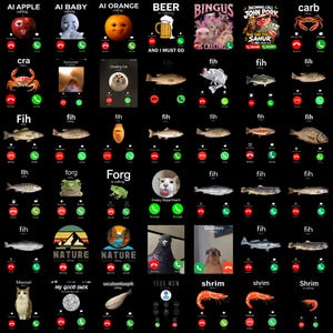 Puede incluir: Un collage digital de múltiples pantallas de llamadas entrantes de teléfonos inteligentes con varios animales, peces y etiquetas de texto humorísticas como AI Apple, Bingus, John Pork y Shrim. Cada interfaz incluye botones rojos y verdes.