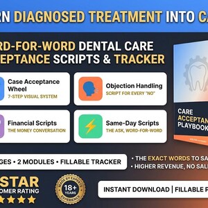 以下が含まれることがあります： 歯科治療スクリプトとトラッカーを含む「Care Acceptance Playbook」というタイトルのデジタル製品。グラフィックには、Case Acceptance Wheel、Objection Handling、Financial Scripts、Same-Day Scriptsの4つのモジュールと、5つ星の評価が含まれています。