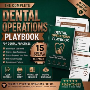 Könnte beinhalten: Ein digitales Handbuch für Zahnarztpraxen in Dunkelgrün und Gold. Das Cover zeigt den Text The Complete Dental Operations Playbook For Dental Practices, 15 Complete Documents, 45+ Pages sowie verschiedene Vorlagen und Formulare.