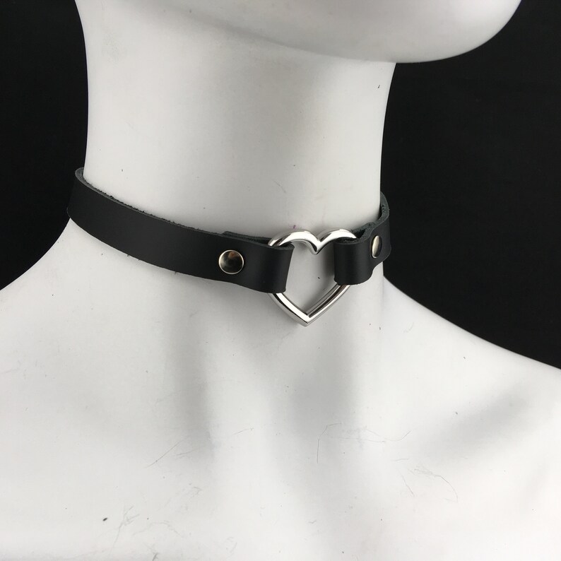 Black Leather Heart Choker With Silver Heart Etsy UK