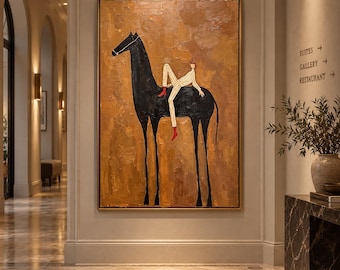 Hand Painted Horse Rider Oil Art, Earthy Minimalist Canvas Painting, Modern Folk Wall Decor, Original Statement Artwork