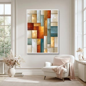 Geometric Abstract Canvas Wall Art, Modern Rectangular Blocks, Earth Tone Home Decor, Contemporary Wall Hanging, Colorful Canvas Decoration