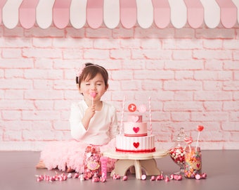 Pink Brick with Awning - Vinyl Photography  Backdrop Photo Prop