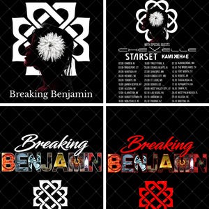 May include: A four-panel graphic design featuring the band name Breaking Benjamin. Two panels show a silhouette with a white flower and a tour schedule. Two panels display the band name in stylised lettering with a geometric logo in white or red.