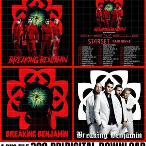 May include: A digital graphic featuring four panels of Breaking Benjamin tour artwork. The panels display band members in red and white suits against a black grid background with a red floral logo, tour dates, and the text 4 PNG FILE 300 DPI DIGITAL DOWNLOAD.