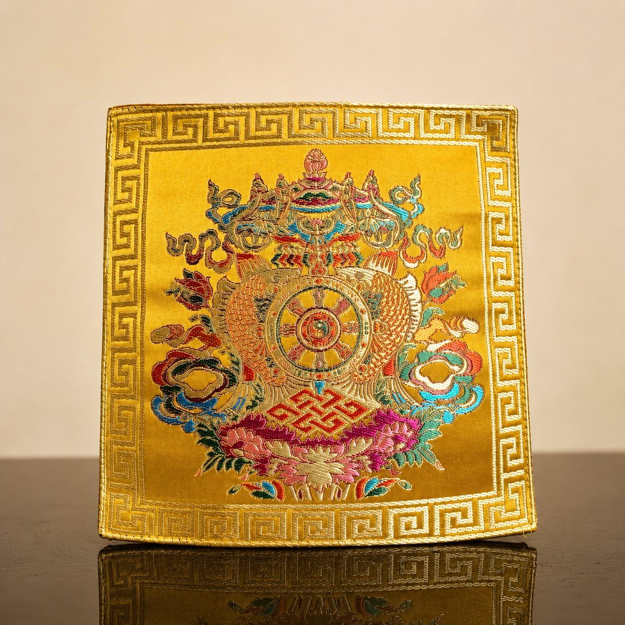 Vajra Bell Mat – Tibetan Buddhist Brocade Ritual Implement Mat, Eight Auspicious Symbols Altar Cloth, 21cm